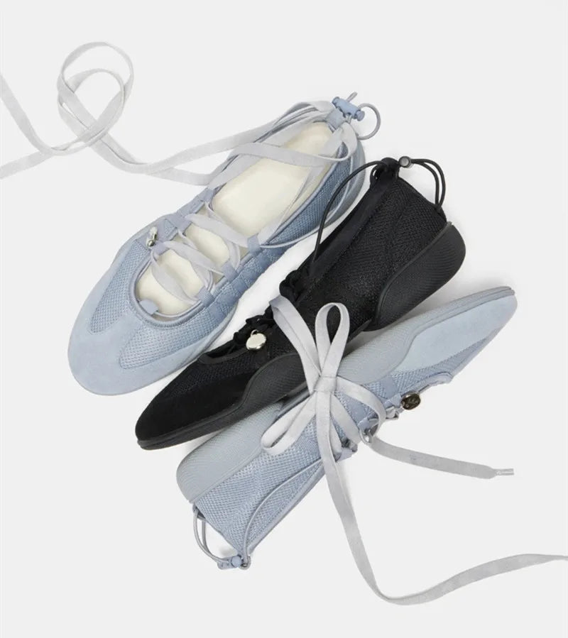 Ins style Fashion Air Mesh Cross-tied Women Ballet Sneakers Comfortable Soft Sole Sports Walking Loafers Casual Flats Shoes