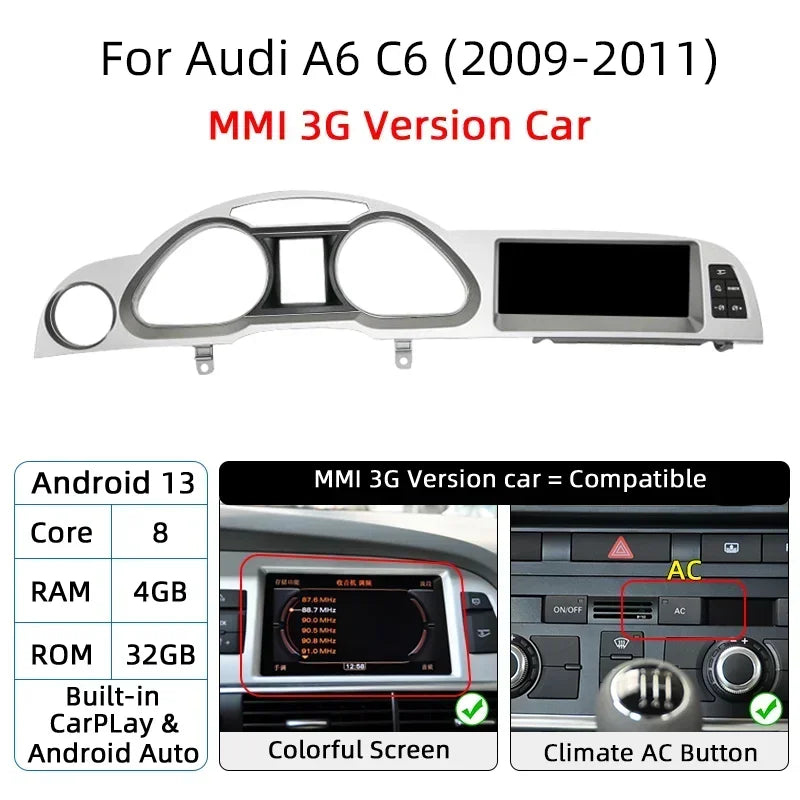 Android 14 8+128G Autoradio CarPlay Pour Audi A6 C6 4f 2005 2006 2007 2008-2011 MMI 2G 3G Lecteur Multimédia de Voiture Stéréo Wifi Navi