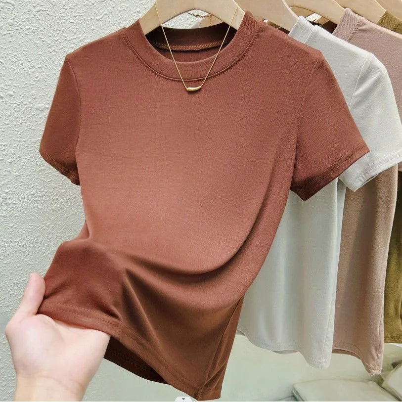 T-Shirt Femme Col Rond Chic Décontracté Urbain Grande Taille Haut Uni Sexy Slim Été Manches Courtes Vêtements Femme