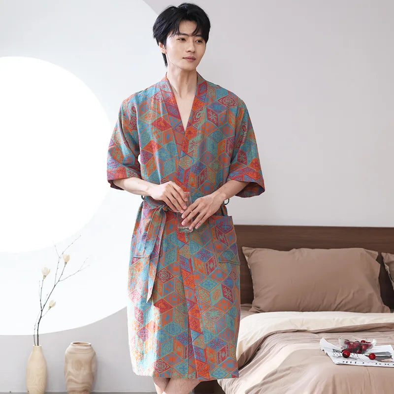 Spring and Summer Thin Cotton Double-layer Bathrobe Pajamas Home Wear Ladies's Absorbent Quick Drying Yukata Robes