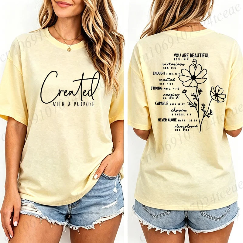 Fashion Women T Shirts Created with A Purpose Print Short Sleeve T-Shirt Faith Aesthetic Tee T-Shirts Inspirational Shirts Tops