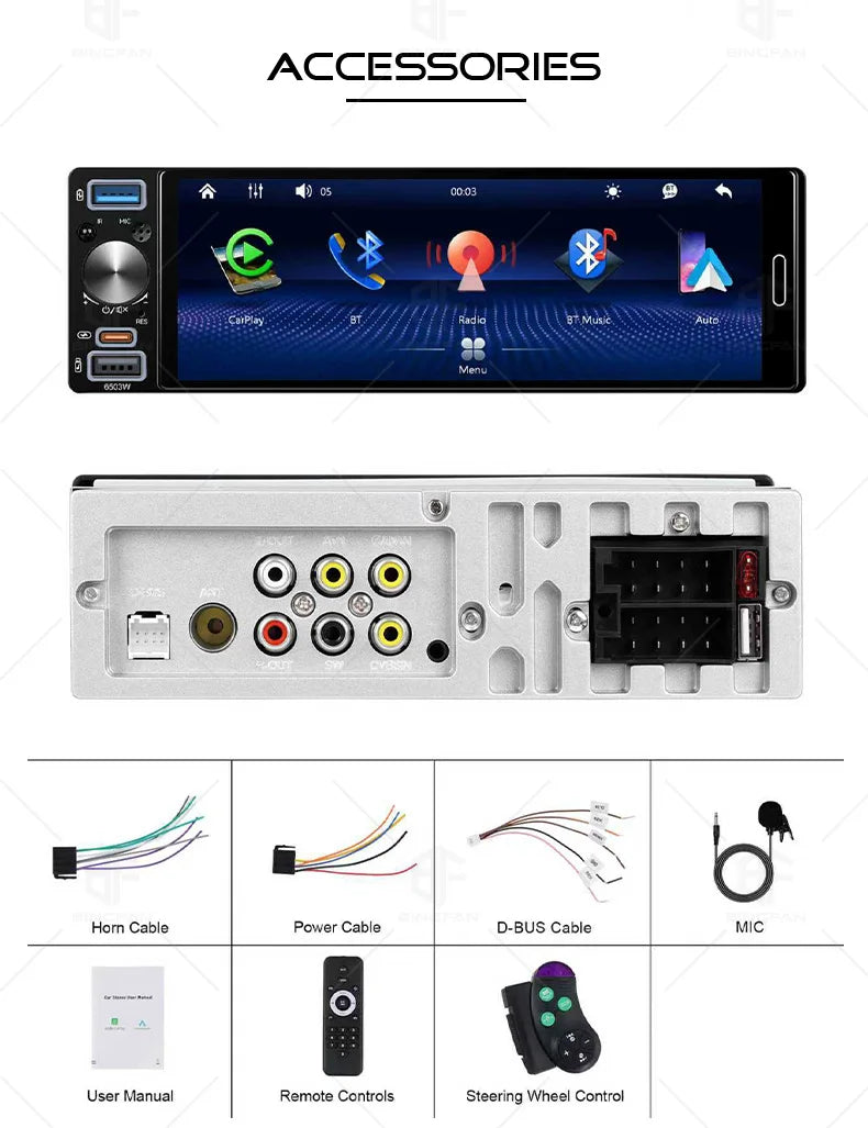 1din 6.5 "Universally Car Radio Car Multimedia Wireless Carplay/Android Auto/MirrorLink FM/AM  Headunit MP5 Player