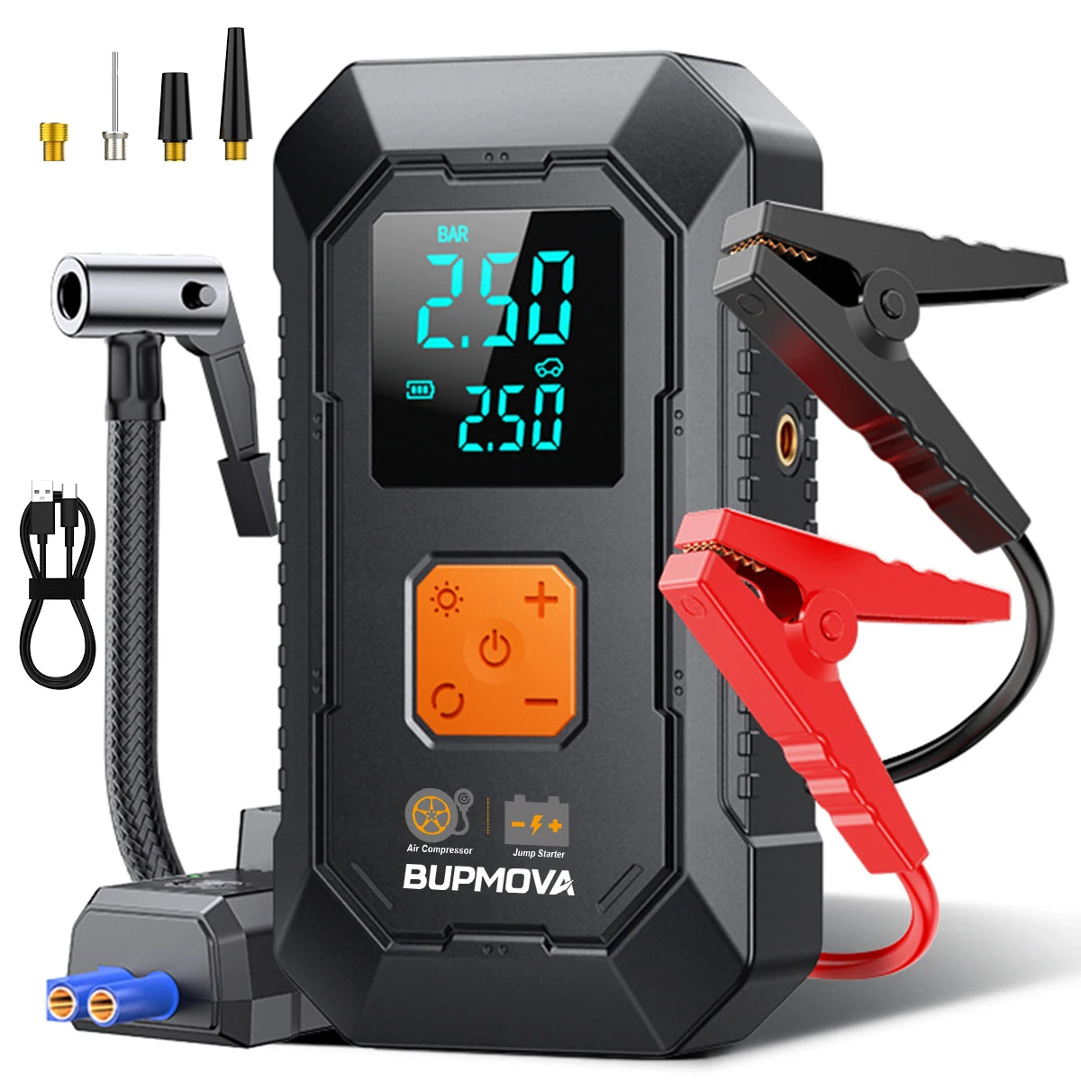 1500A car starter with air compressor, tire inflator without thread, battery booster with external battery pack and LED flashlights, 12V Automatic Start box for tous 10.0L petrol or diesel vehicles