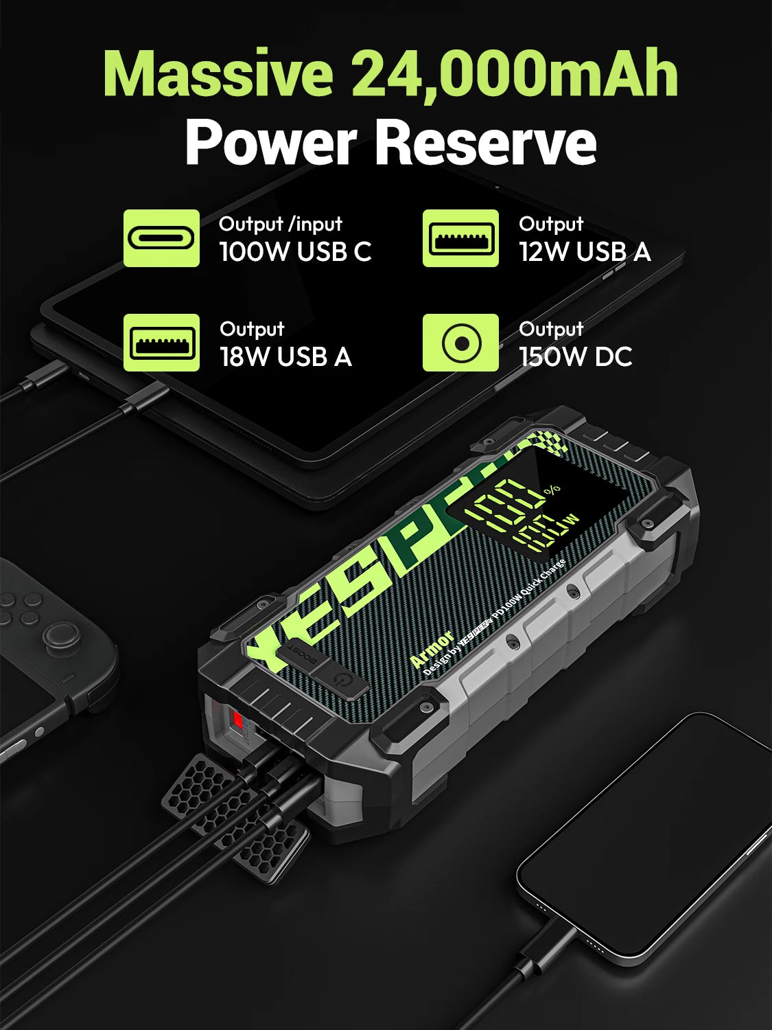 Démarreur de batterie de voiture YESPER 4000A – Démarreur 12V 24000mAh, batterie externe portable pour moteurs essence et diesel 10L, démarrage d'urgence automatique