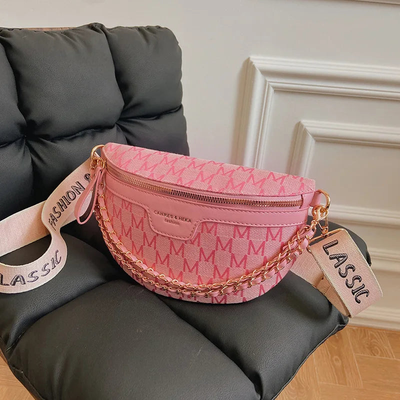 Sac banane en tissu écossais imprimé pour femme, sac de taille à chaîne tendance, sac banane pour femme, sac à bandoulière à large sangle pour femme