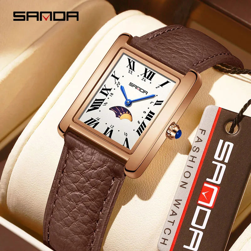 SANDA 9122 Elegant Women's Quartz Watch Classic Square Dial Moon Phase Waterproof Leather Strap Retro Business Watches for Woman