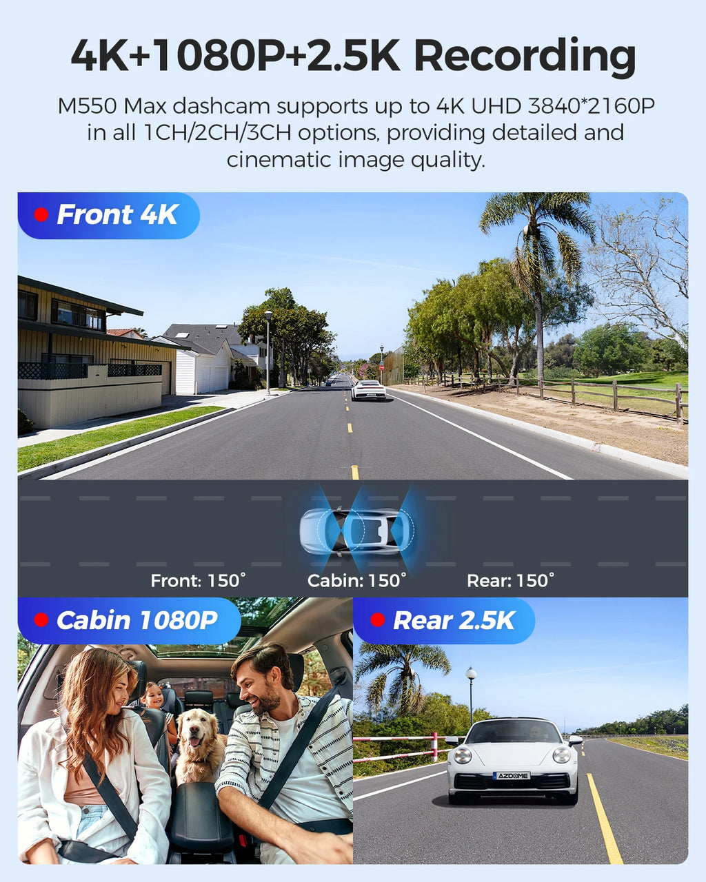 AZDOME 4K 3 Channel Dash Cam M550 Max Car Camera WiFi GPS Front and Rear Inside Recorder Car DVR IR Night Vision Parking Mode