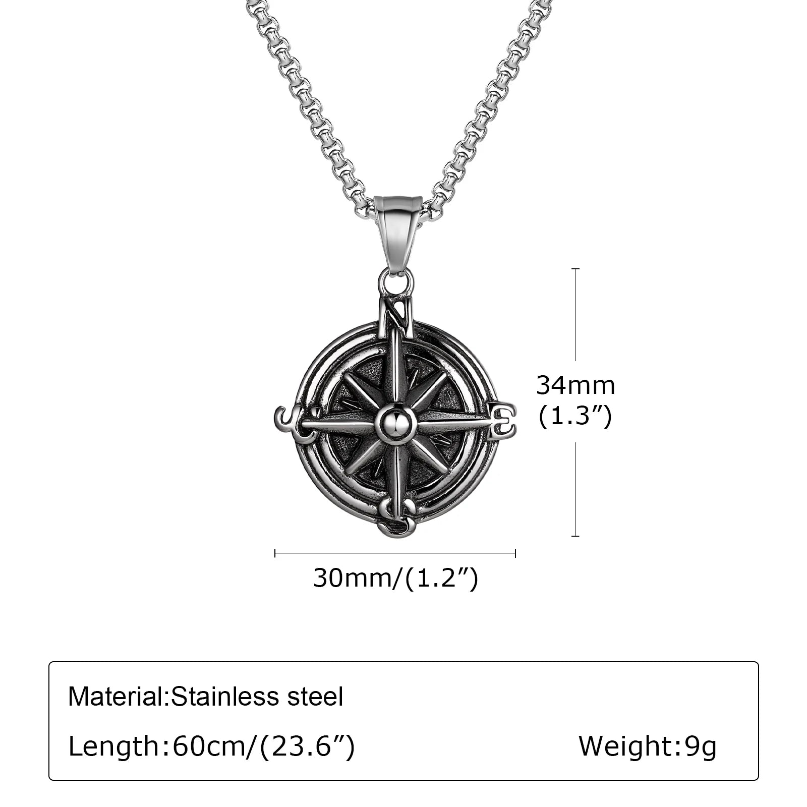 Vintage Compass Pendant Necklaces for Men Boys, Stainless Steel Coin Necklace, Rock Hiphop Collar Graduation Guide Gift