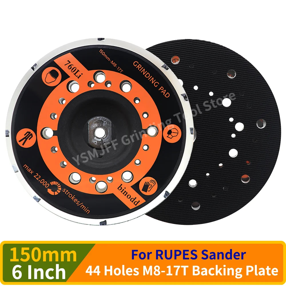 6 Inch 44 Hole Dust Free Backing Plate Hook & Loop Sanding Pad M8-17T Thread Self Adhesive Grinding Pad for FLEX/RUPES Sander