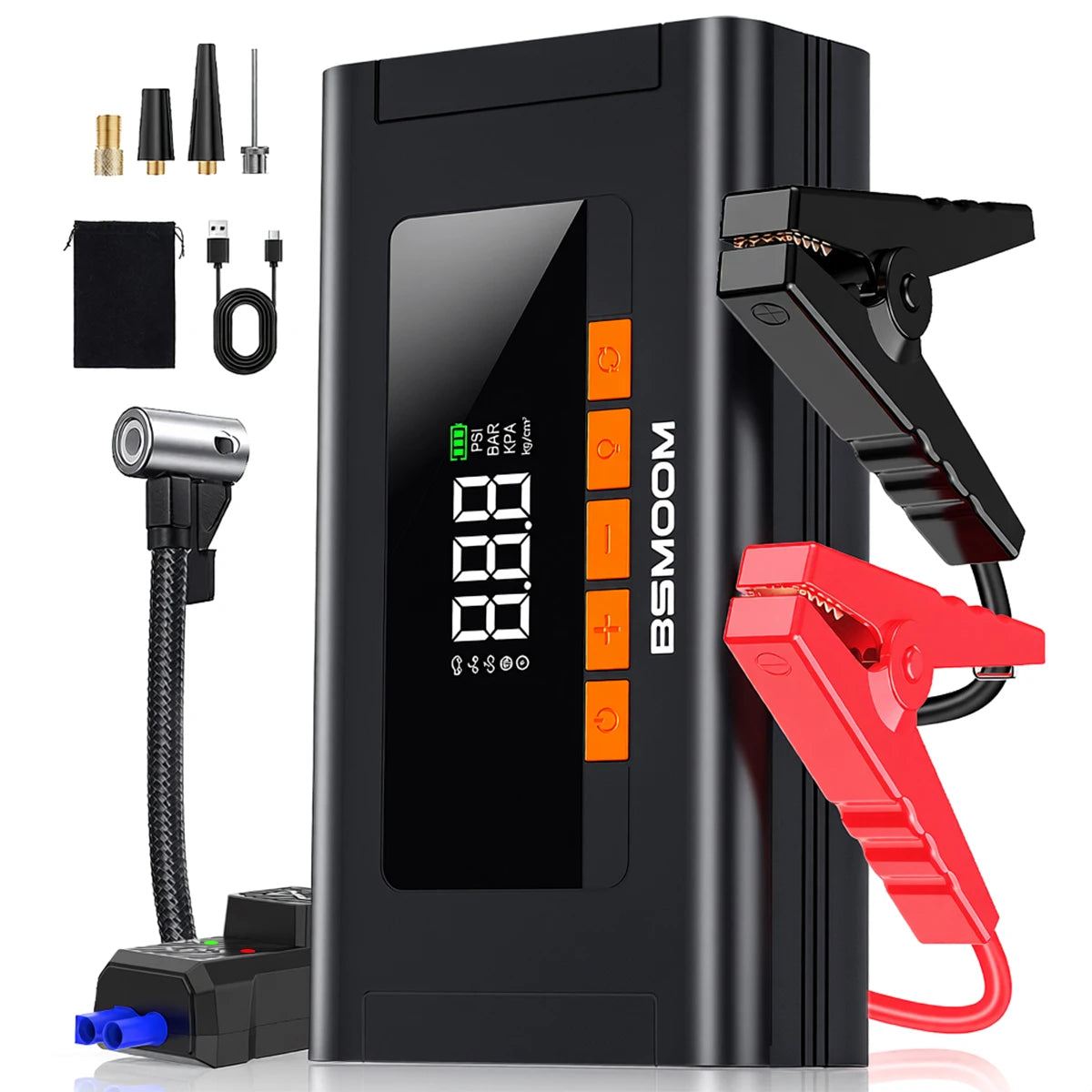 1500A car starter with air compressor, tire inflator without thread, battery booster with external battery pack and LED flashlights, 12V Automatic Start box for tous 10.0L petrol or diesel vehicles