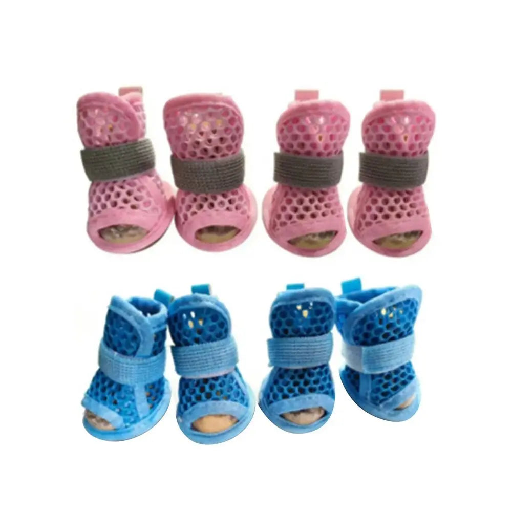 4Pcs Portable Mesh Dog Shoes Soft-sole Non-slip Cooling Dog Boots Wear-resistant Breathable Dog Foot Cover Summer