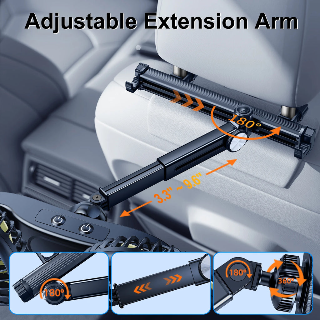 Eary Car Dual Head Fan Mount for Back Seat Headrest Air Cooler Fan With 2 Hooks Long Arm Adjustable 3 Speeds For Truck SUV Sedan