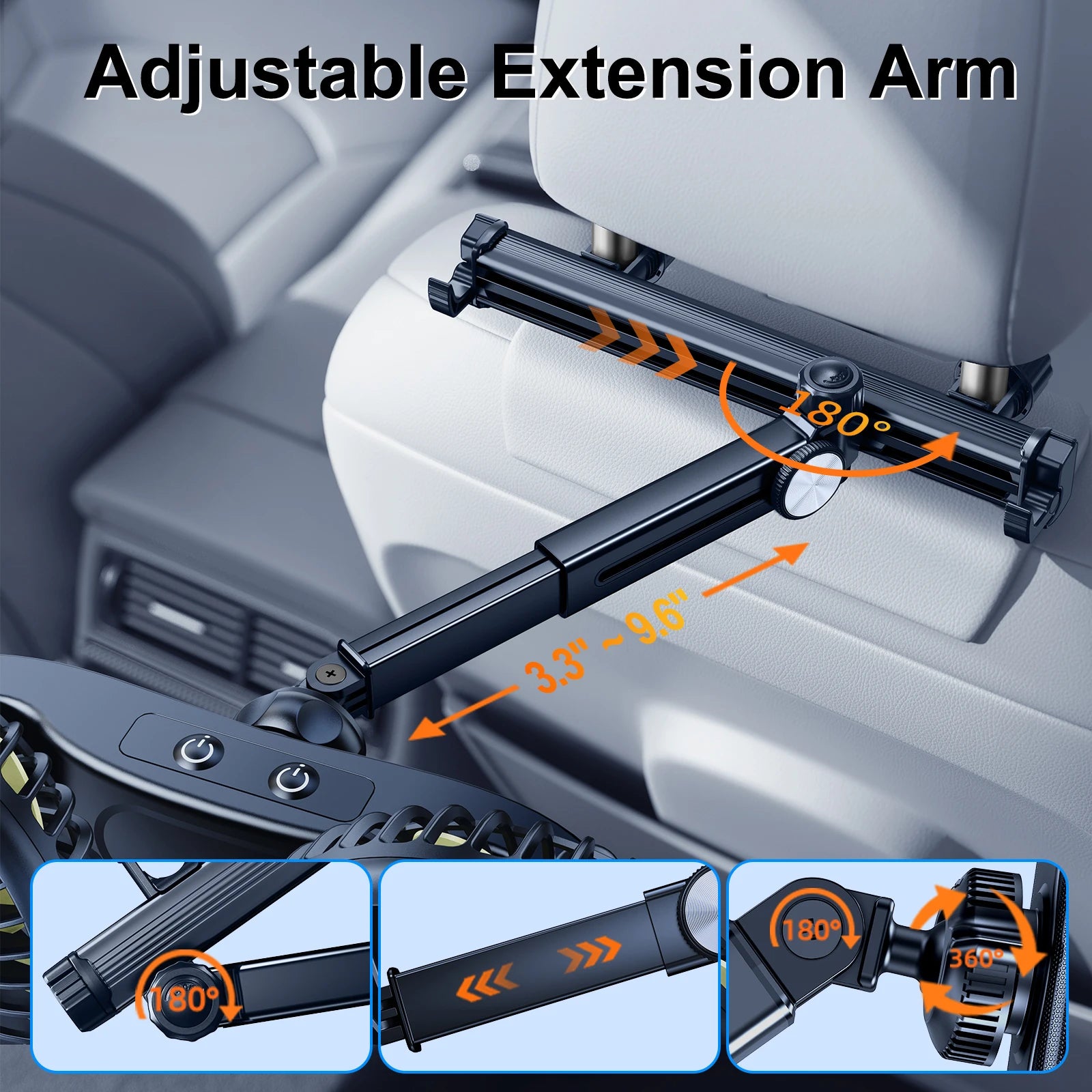 Eary Car Dual Head Fan Mount for Back Seat Headrest Air Cooler Fan With 2 Hooks Long Arm Adjustable 3 Speeds For Truck SUV Sedan