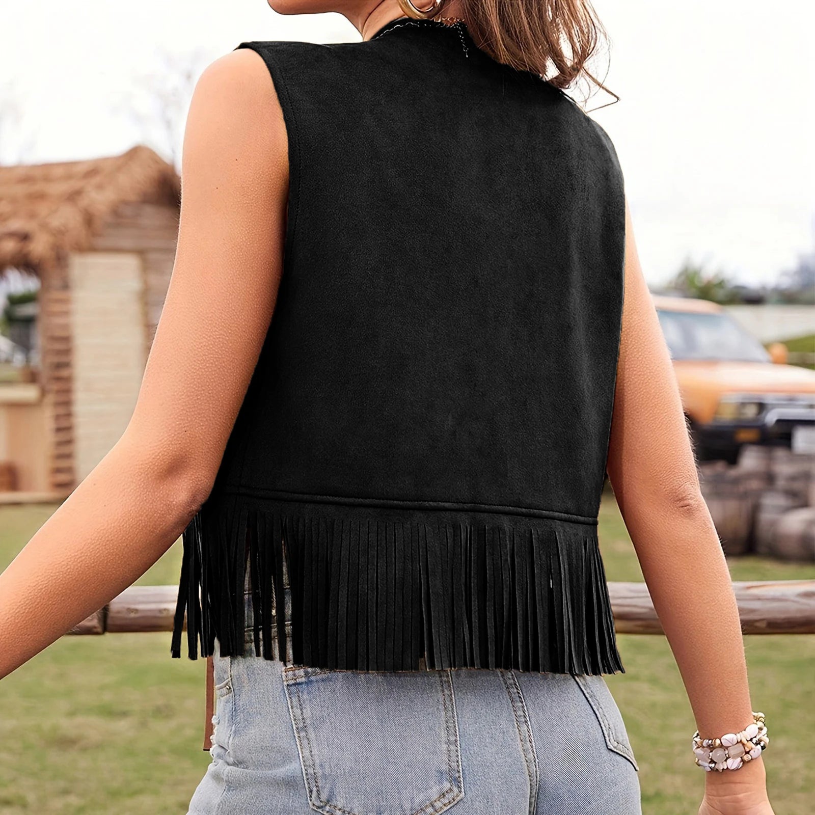 Women Aesthetic Faux Suede Ethnic Sleeveless Jackets Fringe Tassels Hippie Open Front Cardigan Vintage Cowgirl Waistcoat Vests