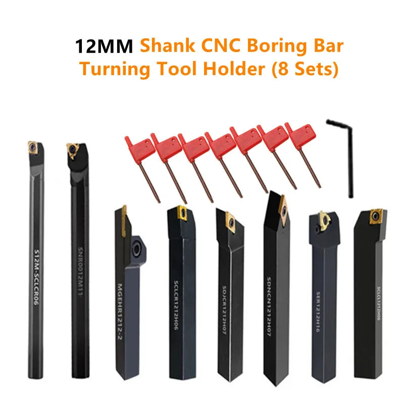 8Sets of 8MM 10MM 12MM 16MM CNC Lathe Turning Tool Holder Boring Bar with Applicable Inserts Wrenches Set for Turning Threading