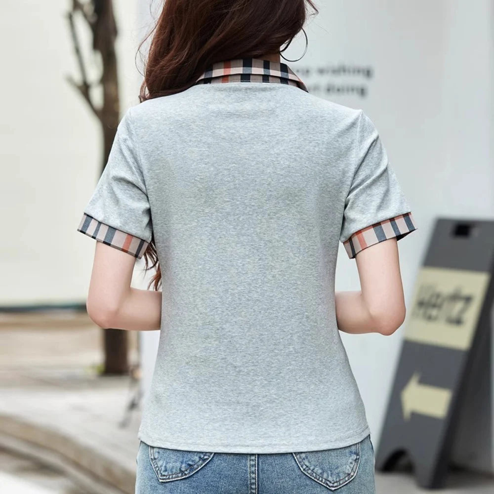 T-shirt à carreaux et col polo à manches courtes style européen pour femme, nouvelle mode estivale, haut ample en coton pur, léger et luxueux