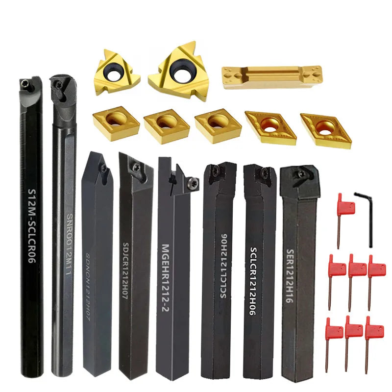 8Sets of 8MM 10MM 12MM 16MM CNC Lathe Turning Tool Holder Boring Bar with Applicable Inserts Wrenches Set for Turning Threading