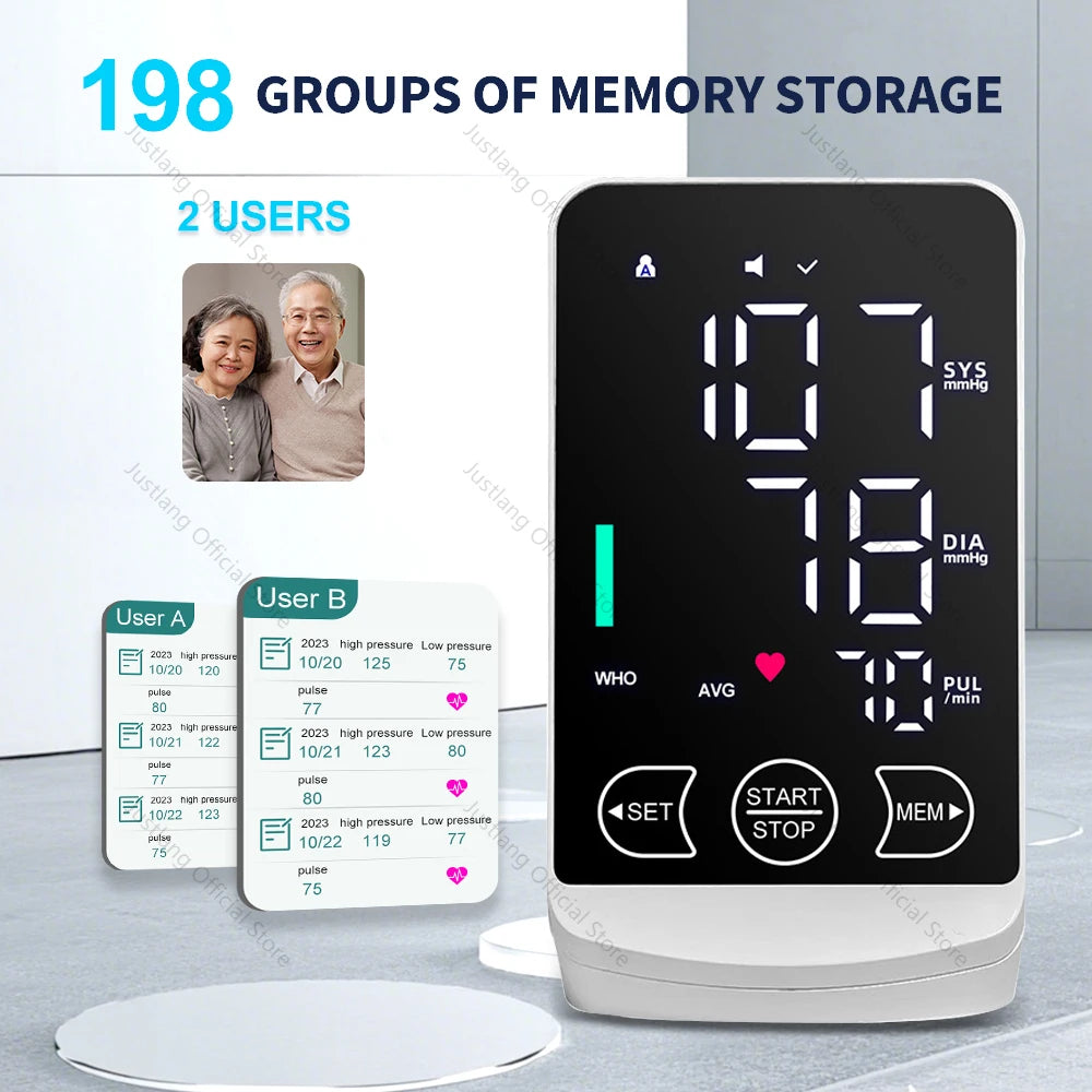 JUSTLANG Rechargeable Arm Blood Pressure Monitor Digital Tensiometer Voice Large Display Automatic Tonometer Health dropshipping
