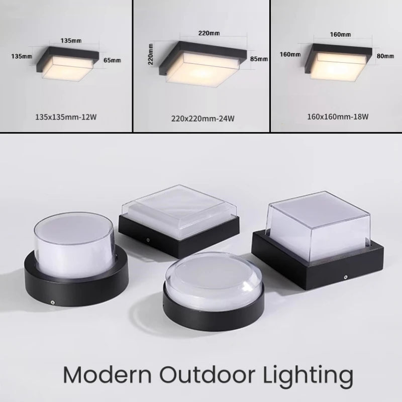 Square Outdoor LED Ceiling Lamp Surface Mounted Waterproof Sconces Bathroom Porch Garden Exterior Wall Lighting Fixture 110/220V