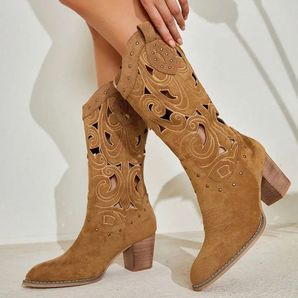 2026 Women's Summer Retro Round Toe Chunky Heels Vegan Suede Western Boots with Hollow Design and Rivets Cowboy Boots Shoes