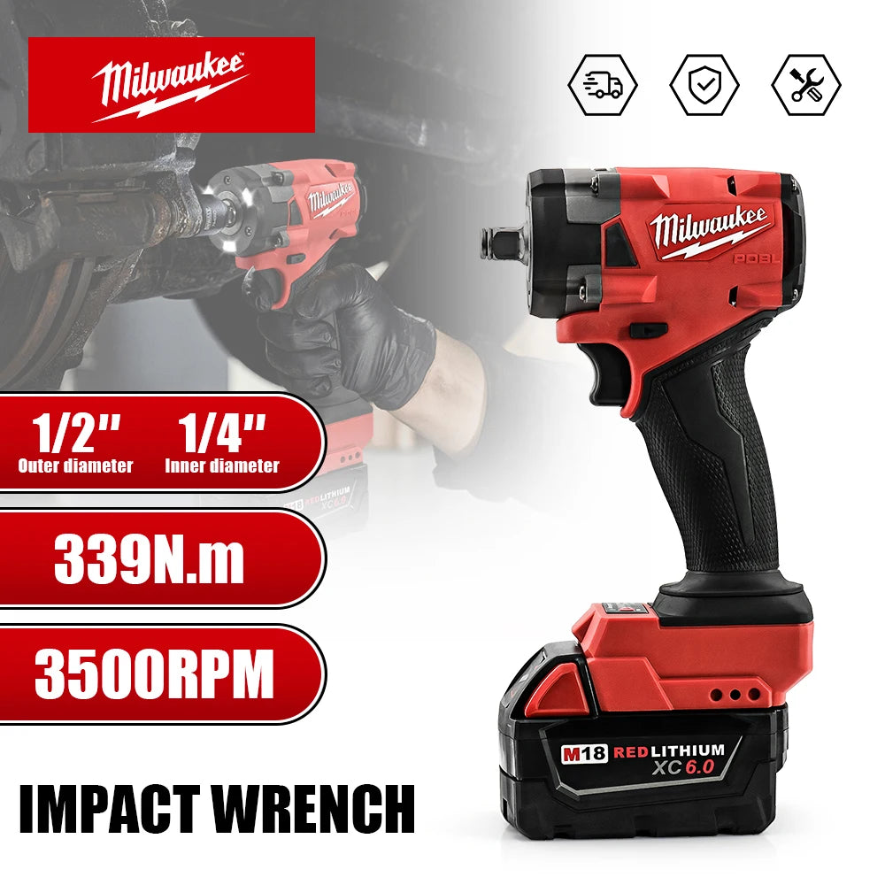 Milwaukee 400N Brushless Cordless 1/2 Electric Wrench Car Truck Repair Screwdriver Impact Drill Rechargable For 18V Battery Tool