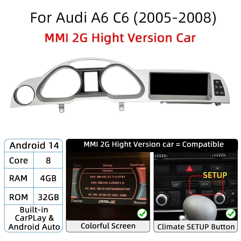 Android 14 8+128GB CarPlay For Audi A6 C6 4f 2005-2009 MMI 2G 3G GPS Car Multimedia Player Navigation Auto Radio Stereo DSP WIFI