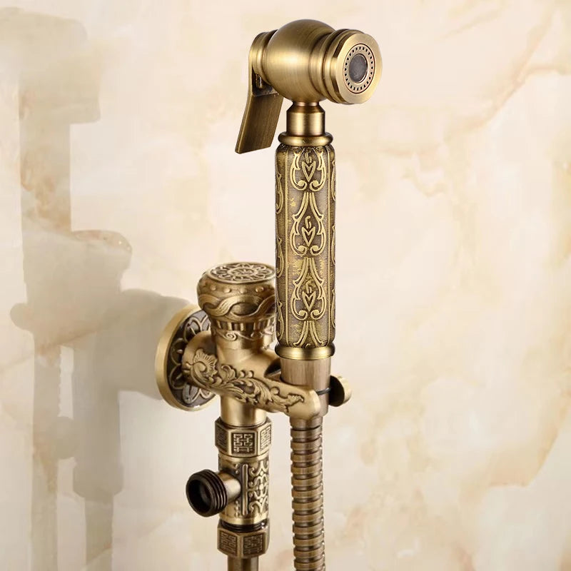 Hand Held Bidet Sprayer Douche Toilet Kit Antique Brass Shattaf Shower Head Gold Copper Valve Set Jet Toilet Bidet Faucet Set