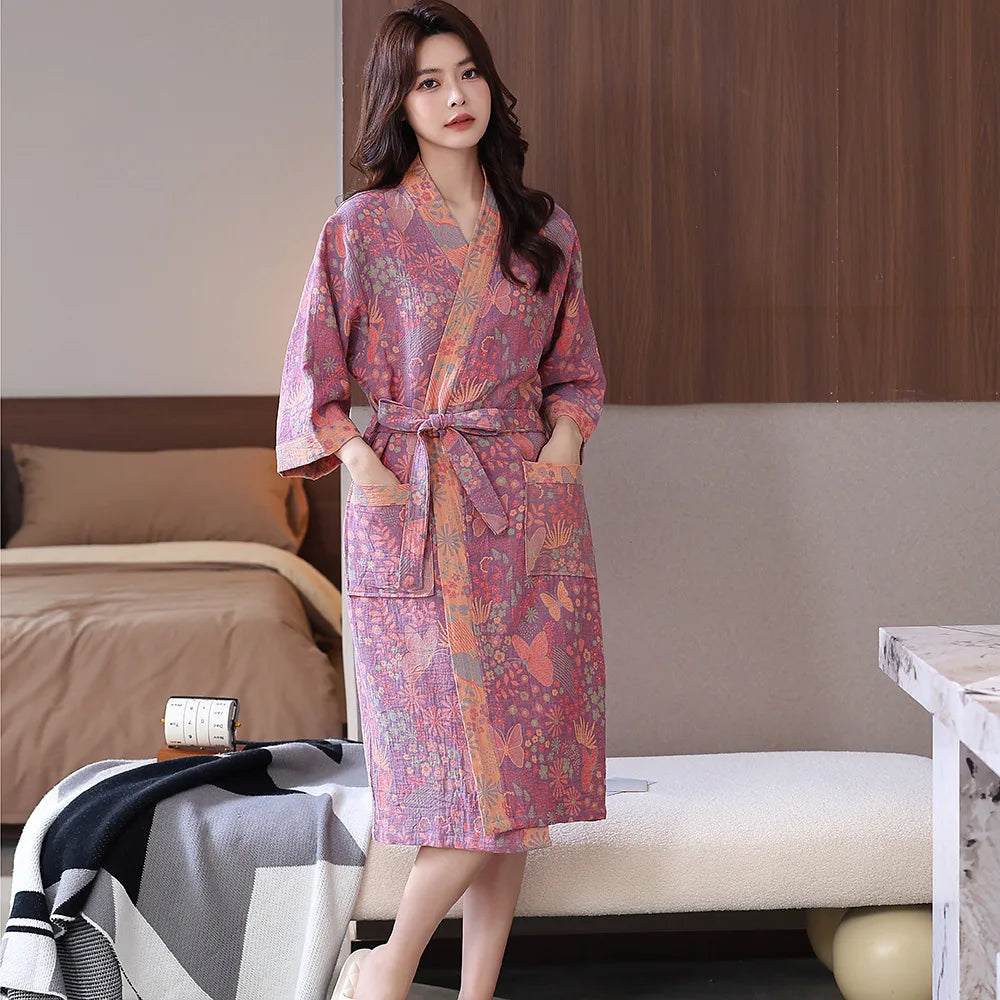 Spring and Summer Thin Cotton Double-layer Bathrobe Pajamas Home Wear Ladies's Absorbent Quick Drying Yukata Robes