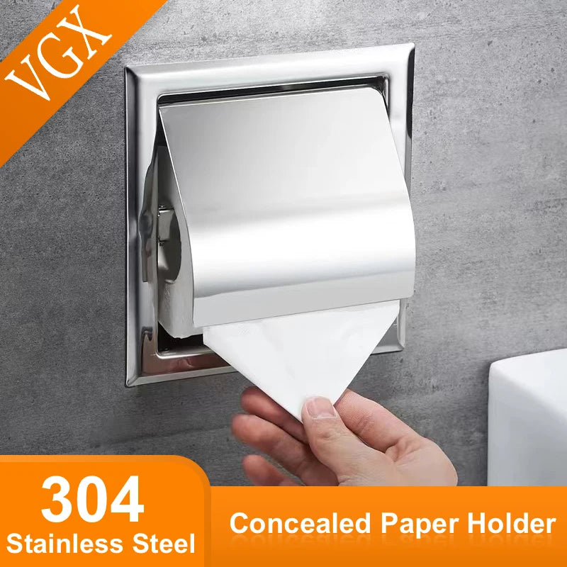 VGX Embedded Toilet Paper Holder Concealed Roll Tissue Box 304 Stainless Steel Wall Mount Bathroom Accessories Matt Black Polish