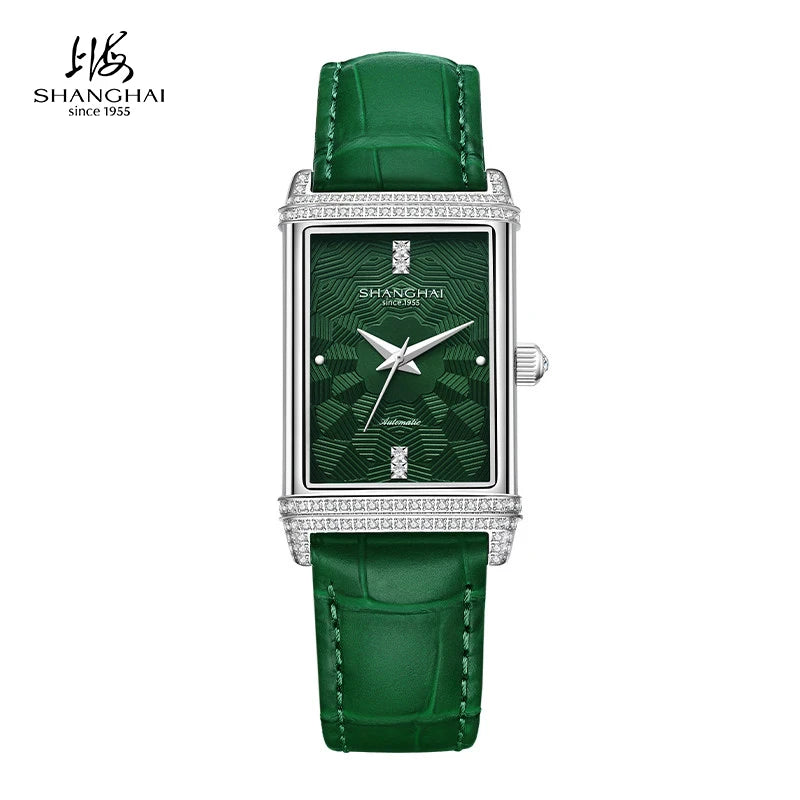 Shanghai Watches Vintage Women's Mechanical Watch 25x41 mm Rectangle Automatic Watch 3D Dial Sapphire Leather Fashion Watch 22MT