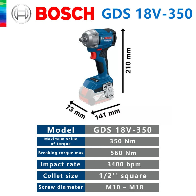 Bosch GDS 18V-350 Cordless Impact Wrench 350Nm 1/2" Brushless 3-torque Settings LED Light Adjustment 1200rpm Driver Bare Tool