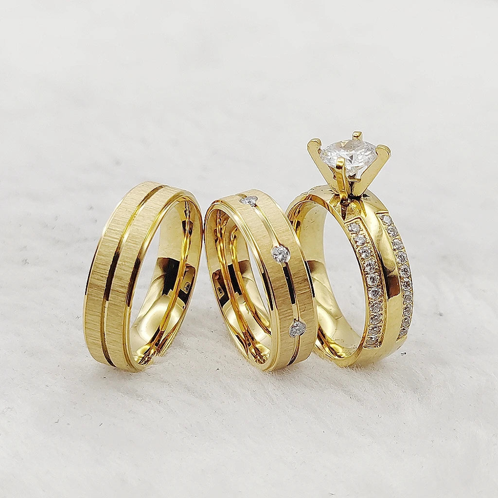 3pcs Matte Titanium Jewelry Italian Women 24k Gold Plated Ring Cz Diamond Ring Marriage Wedding Proposals Bridal Sets Couples
