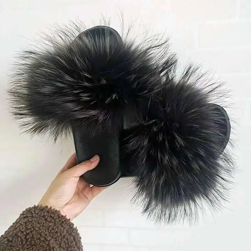 Real Raccoon Fur Slippers For Women 2023 Summer Fluffy Indoor House Fuzzy Flat Slides Outdoor Fashion Beach Sandals Flip Flops