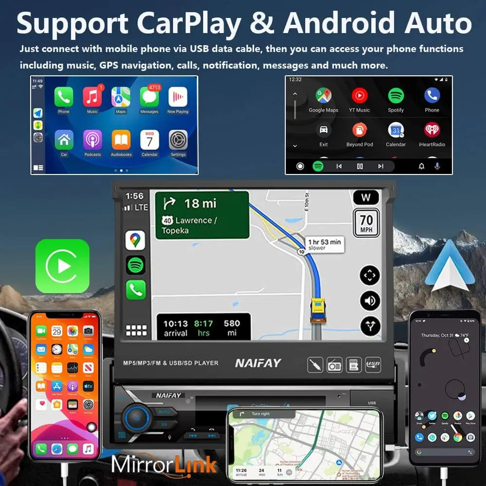 7" Flip Out Car Stereo with Carplay & Android Auto, Bluetooth, Backup Camera, FM Radio
