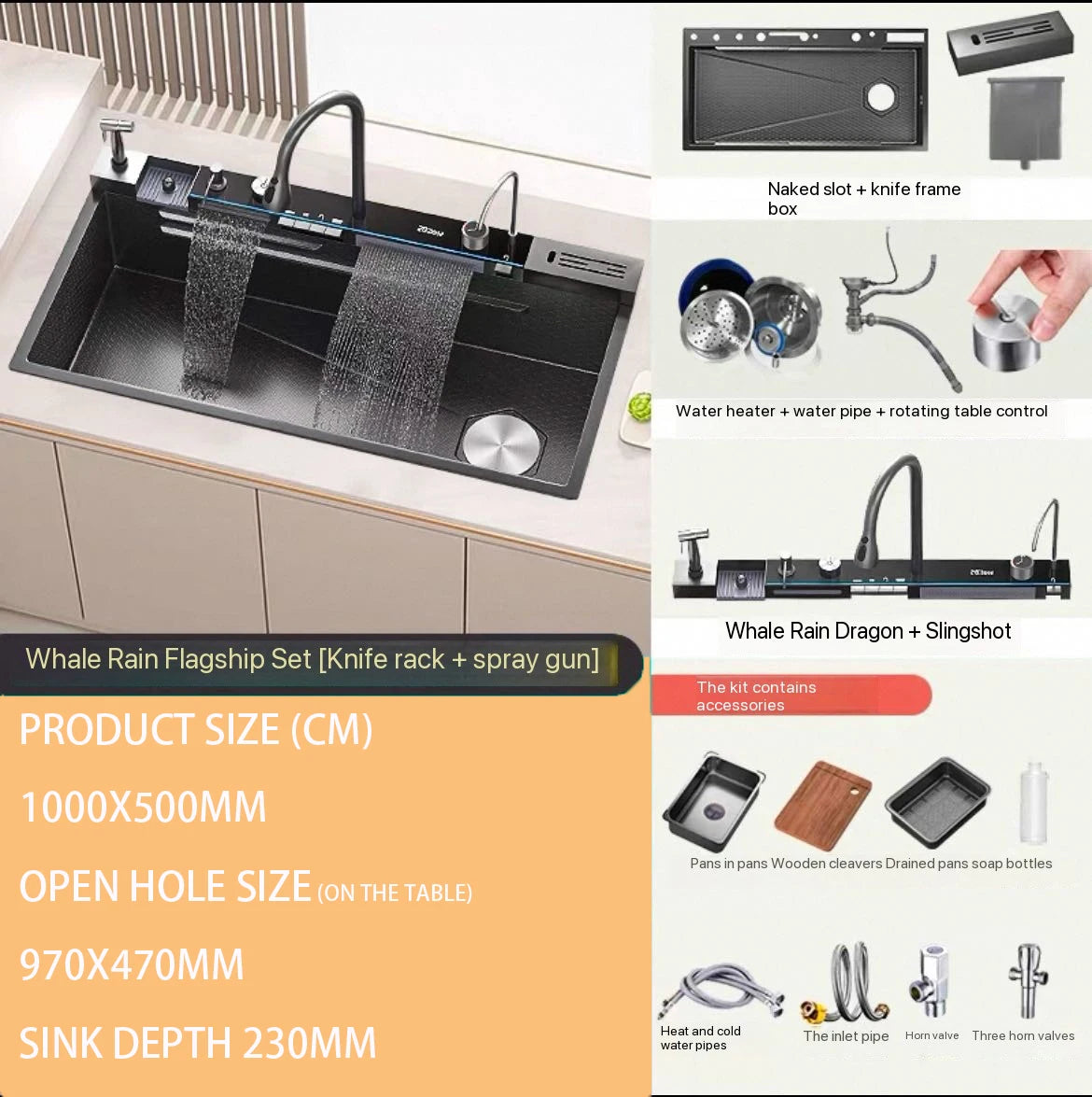 Stainless Steel Kitchen Sink with Faucet Digital Display Large Single Bowl Waterfall Rain 5 Functions System Dish Basin Sink
