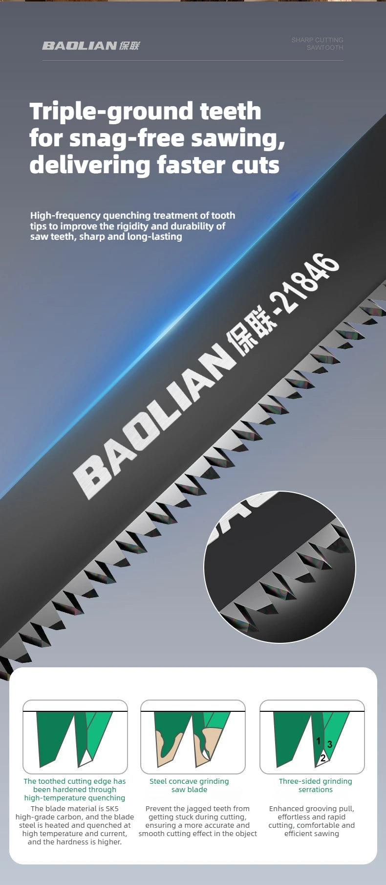 BAOLIAN SK5 High Hardness Steel Garden Logging Saw, Three Sided Grinding Teeth, PTFE Anti Rust Fast Cutting Saw