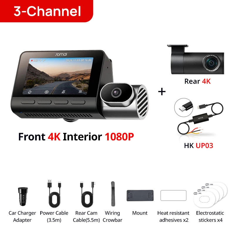 70mai T800 3-Channel HDR Car DVR Front 4K+Rear 4K/1080P+Interior 1080P Voice Control Super Capacitor GPS ADAS Support 4G Wifi 6