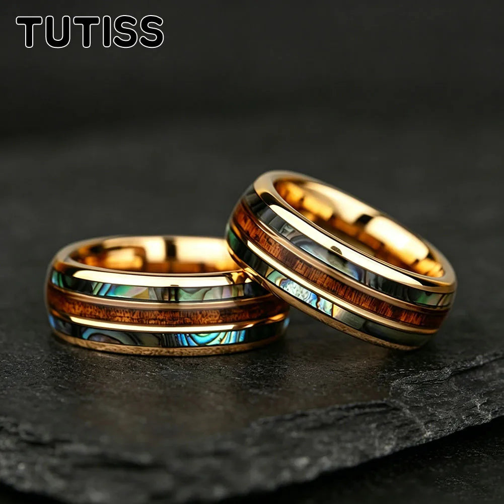 8mm Whiskey Barrel Abalone Shell Inlaid With Rose gold Tungsten Wedding Ring, Polished Edge, Couple Engagement Anniversary Gift