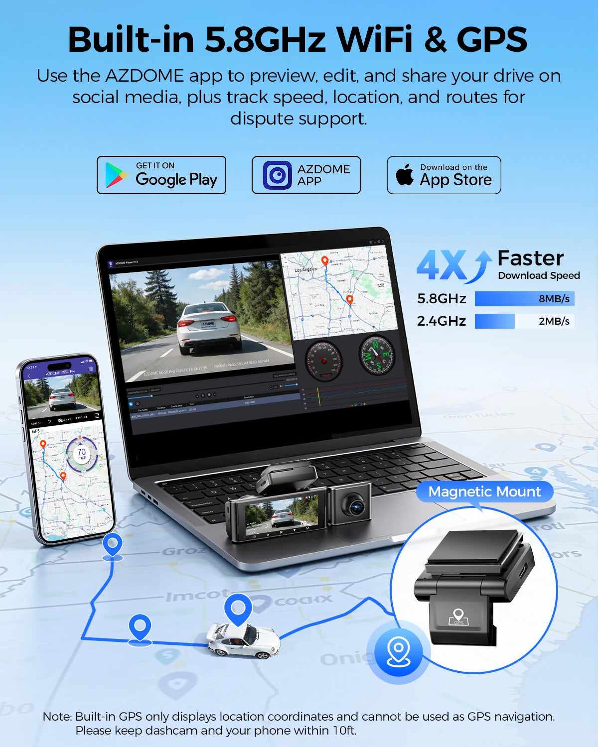 AZDOME M550 Pro Dash Cam Car DVR 5.8Ghz WiFi 3.19" IPS 2 or 3 Channel Dash Camera GPS Night Vision Dual 4K+1080P Parking Monitor