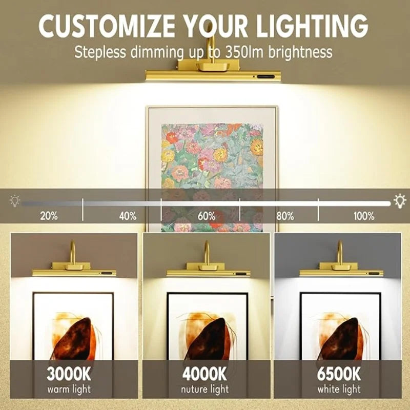Lampe murale rechargeable à LED 4000mAh, télécommande moderne, 3 couleurs, intensité réglable, dorée, pour miroir de salle de bain, en aluminium, pour éclairer des tableaux