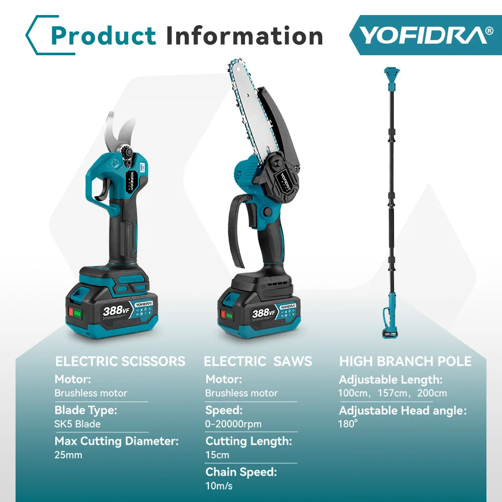 YOFIDRA Brushless Electric Chainsaw Telescoping Pole 3IN1 High Branch Saw Woodworking Pruning Power Tool For Makita Battery Pin