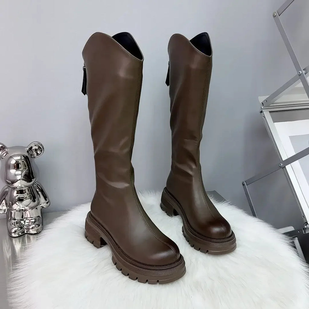 2025 Woman's Boots Autumn New Fashion Platform Long Pipe Knight Boots Casual Women's Medium Heel Knee High Boots Botas Mujer
