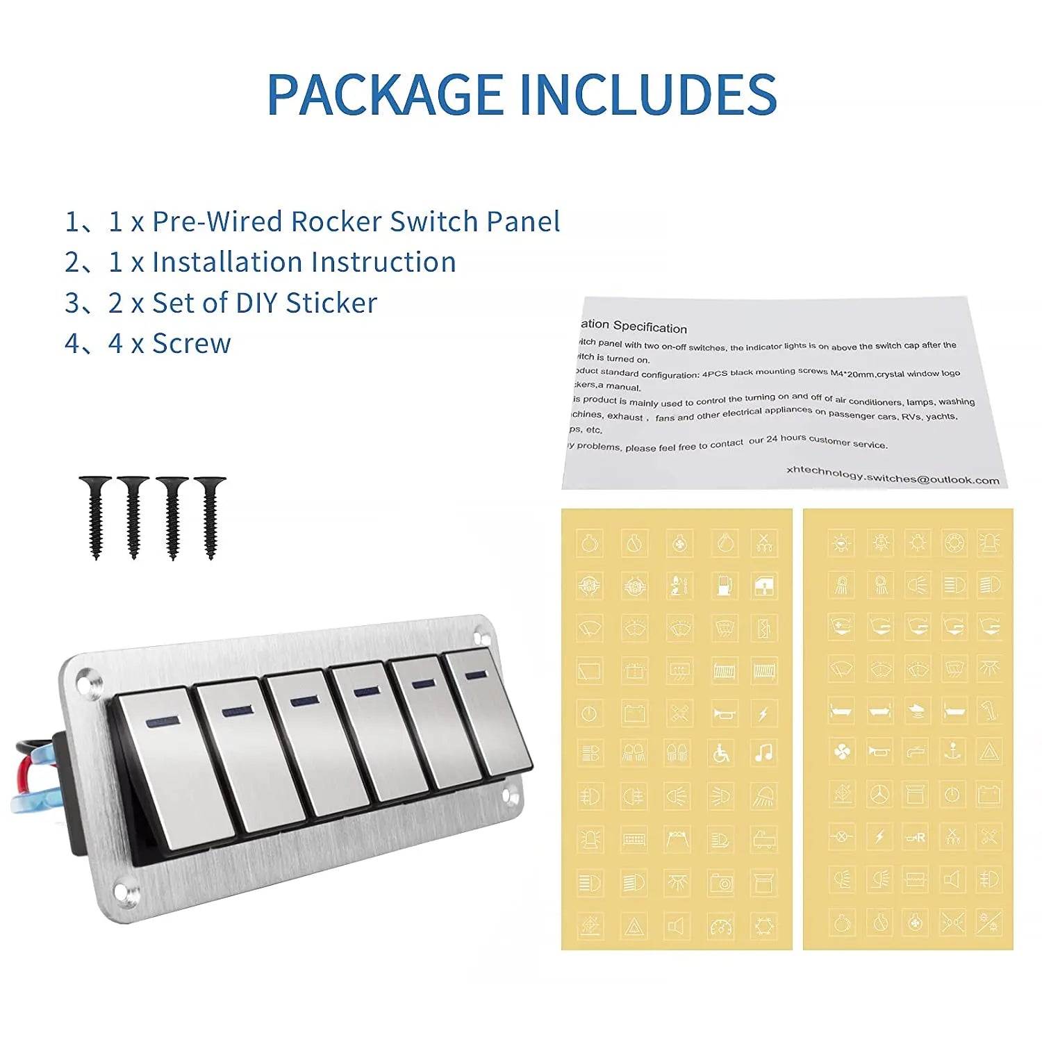 Durable metal 2-8Gang rocker switch panel with LED light, waterproof and overload protection for car card, vehicle and vessel