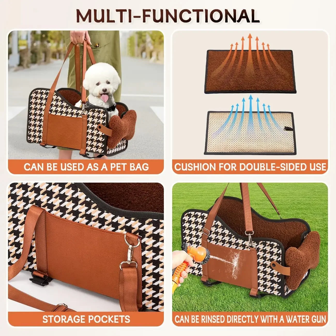 Luxury Houndstooth Pet Car Seat Oversized Booster Kennel Central Control Armrests Breathable Portable Fiber Bed Dogs