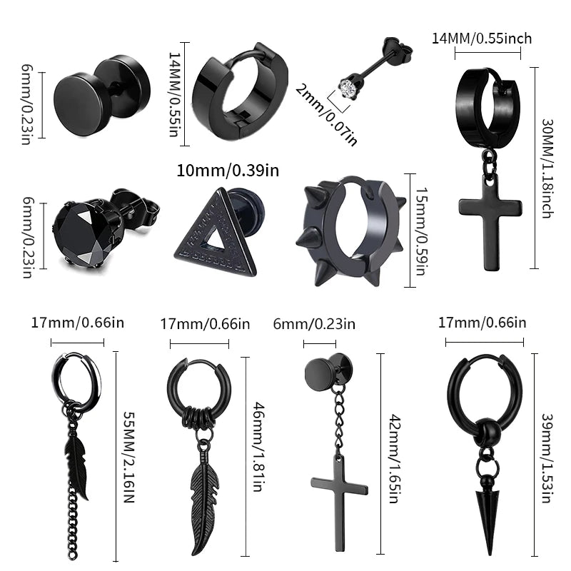 11 Pairs Punk Stainless Steel Stud Earrings Black Earrings Set For Men Women Vintage Hip Hop Piercing Ear Jewelry Accessories
