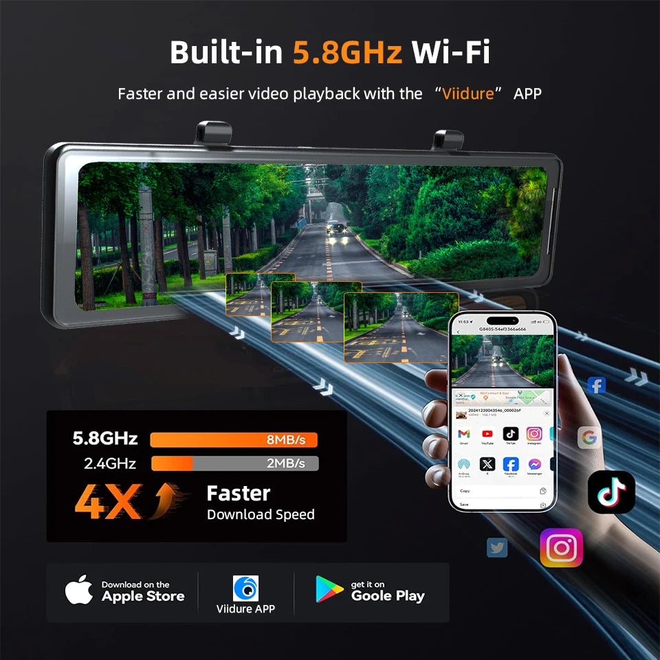 Enregistreur de conduite de rétroviseur 4K Vision nocturne HD Enregistrement en boucle Caméra de tableau de bord Caméra arrière en option Image de recul DVR de voiture