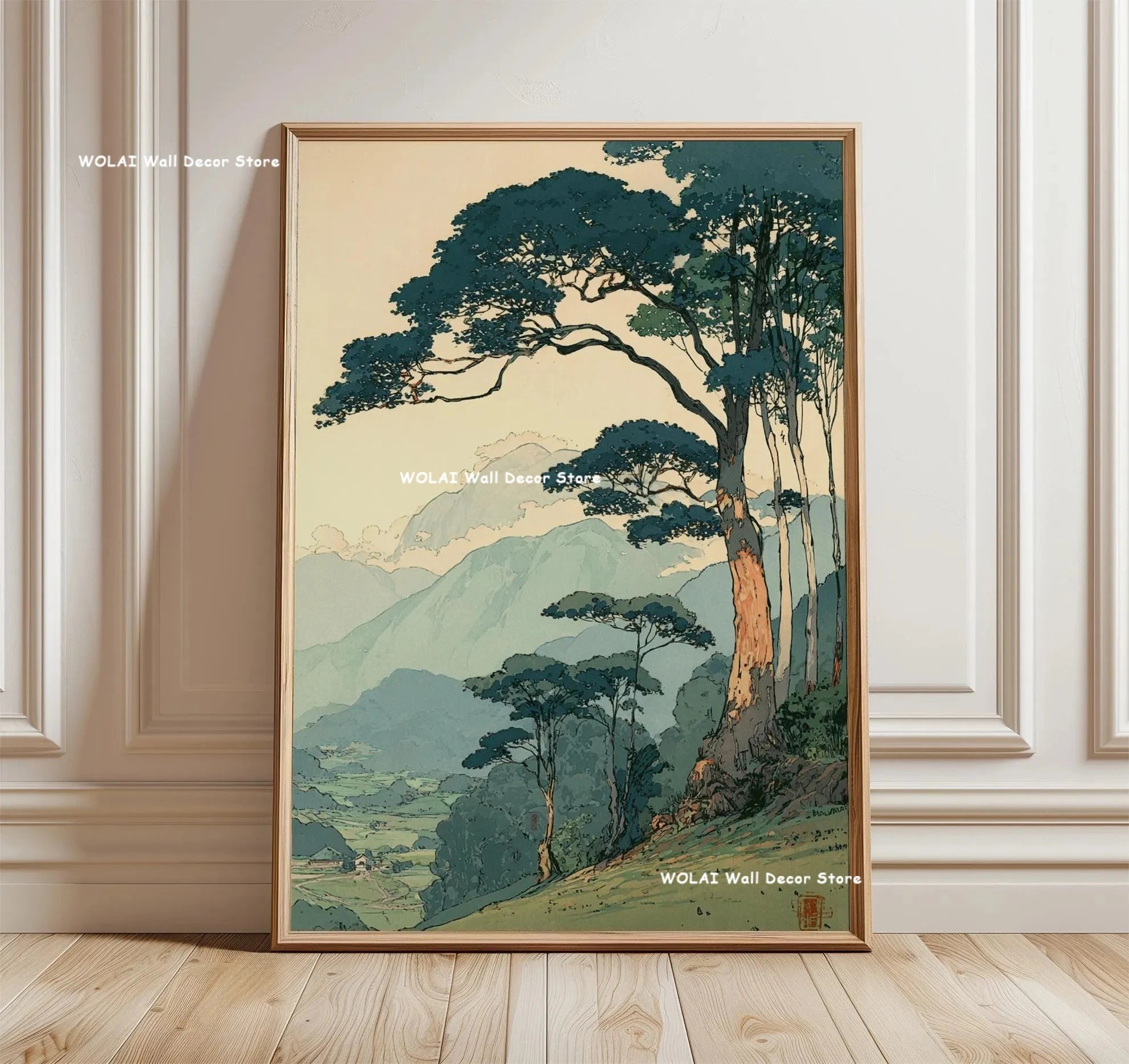 Retro Japanese Forest & Koi Fish Zen Water Painting Canvas Poster Abstract Sun Waves Wall Art Printing for Peaceful Home Decor