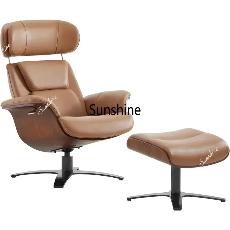 Leather Reclining Swivel Chair with Adjustable Headrest and Ottoman for Living Room, Saddle Color, Arm Rest, Cushion Included