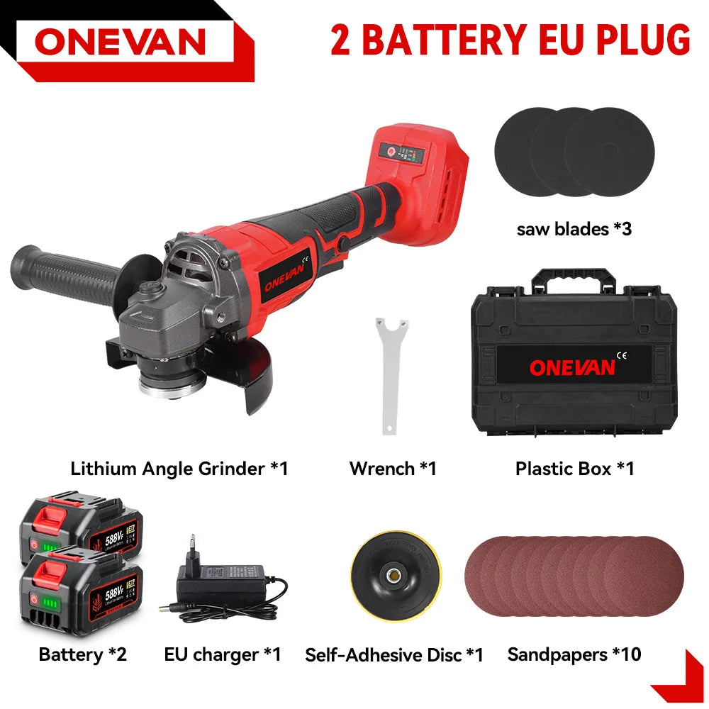 ONEVAN 3000W Brushless Electric Angle Grinder 3 Gear Cordless Cutting Metal Pipe Power Polish Tools For Makita 18V Battery Pin