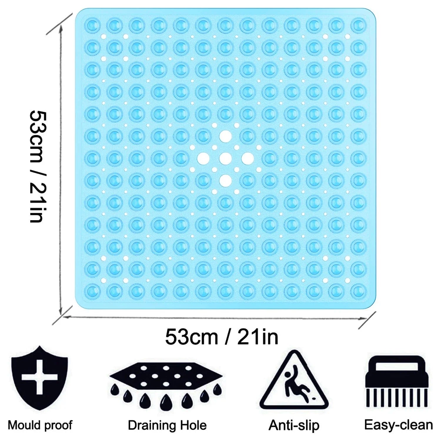 Tapis de douche antidérapant 53x53cm pour l'intérieur de la cabine de douche, tapis de sol de salle de bain doux pour baignoires avec grandes ventouses